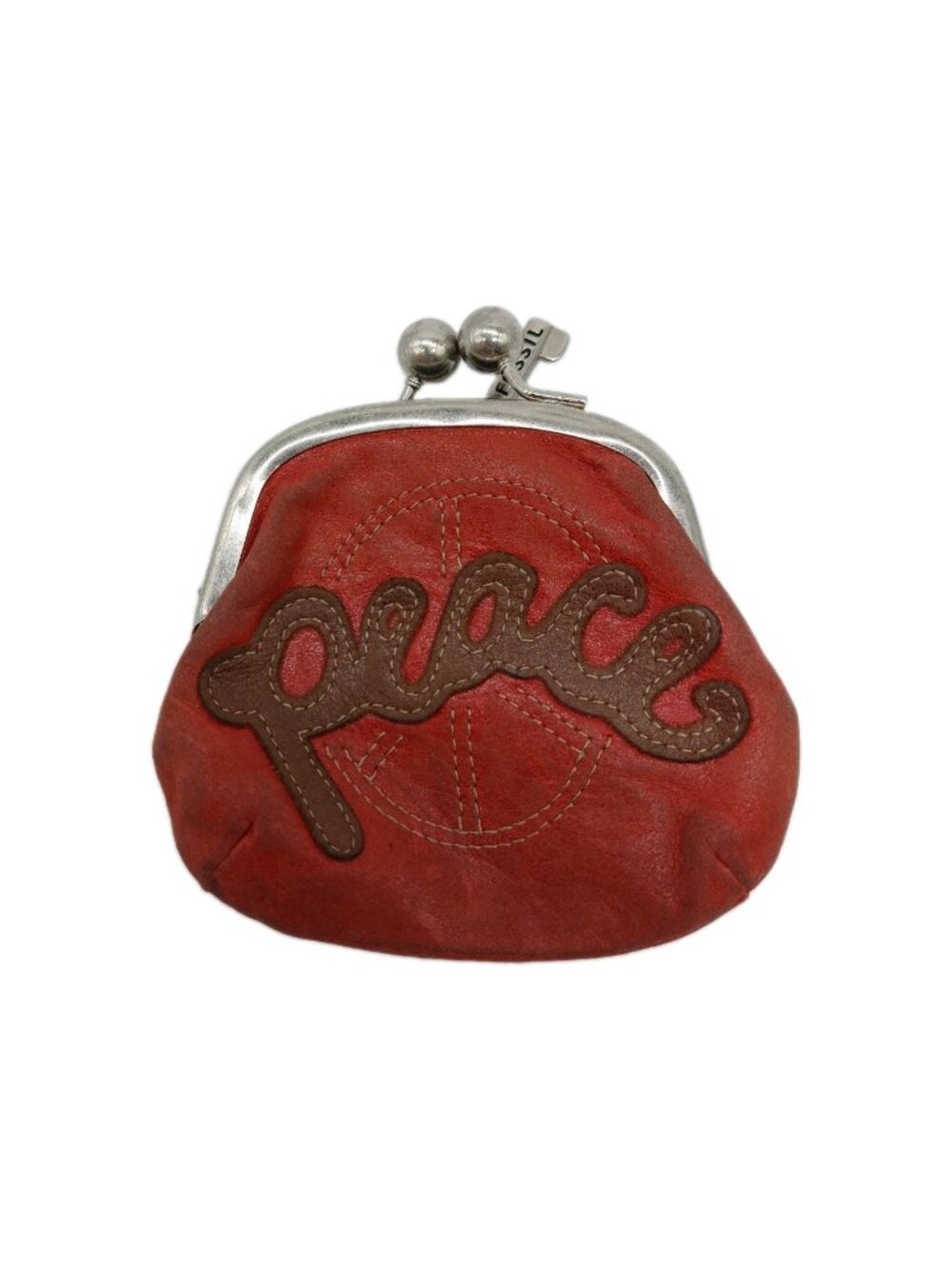 Fossil Coin Purse Kiss Lock Peace Red Brown READ